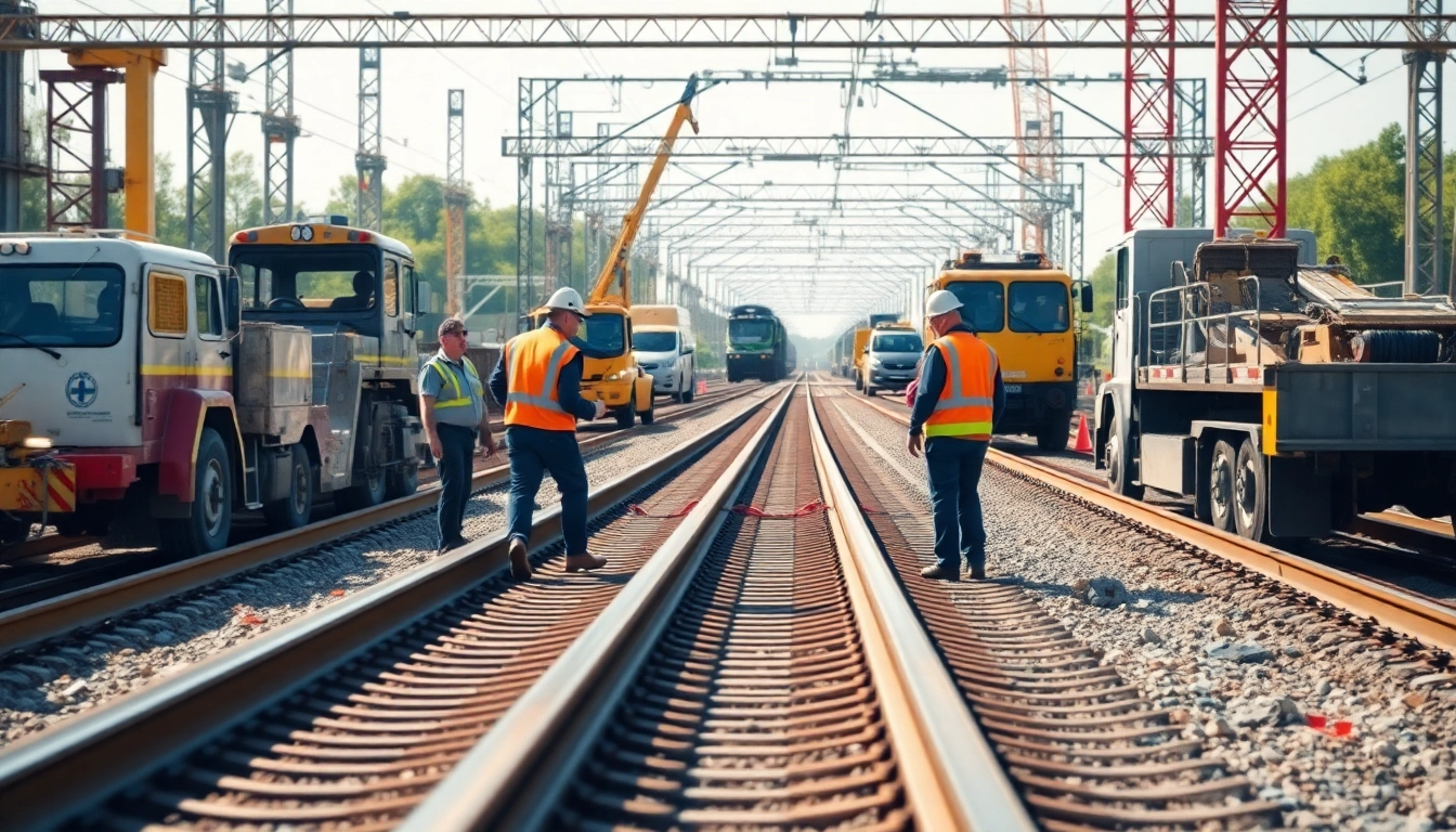 Inspecting North American rail services tracks with workers and machinery at a vibrant construction site.