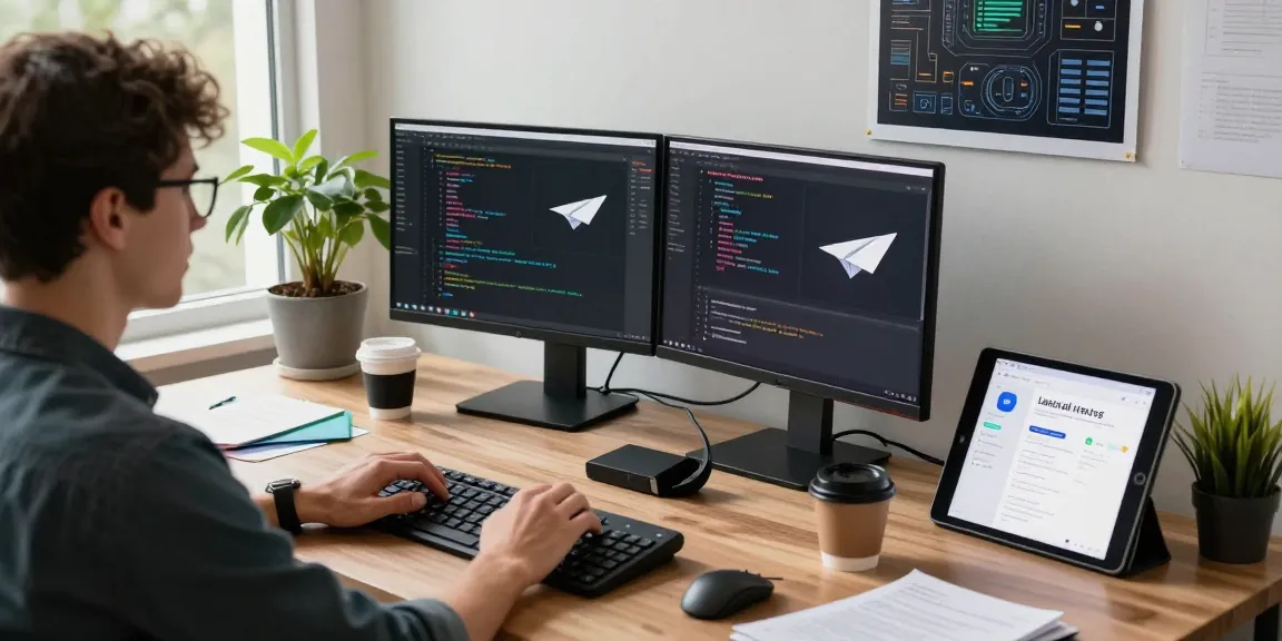Developer optimizing the 纸飞机中文版 app in a vibrant tech workspace filled with gadgets and natural light.