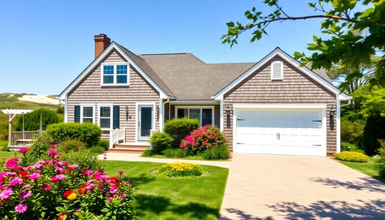Cape Cod home with attached garage in a lush garden landscape.
