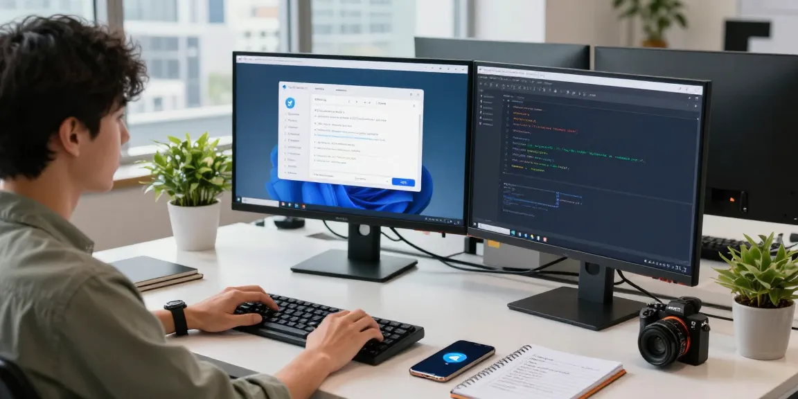 Enhanced productivity in the tech workspace with 纸飞机中文版 being developed on dual monitors for seamless digital communication.