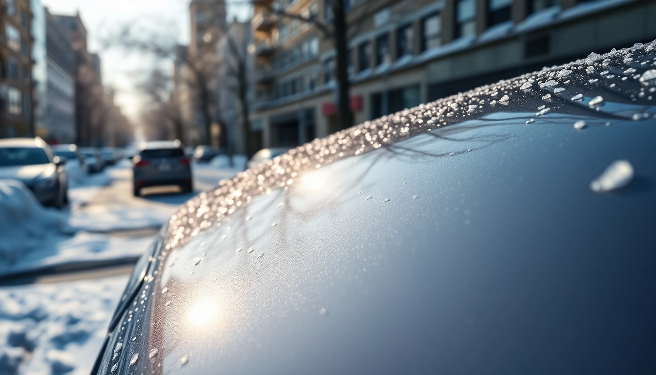 Car demonstrating PPF winter road salt protection against winter elements in a snowy urban setting.