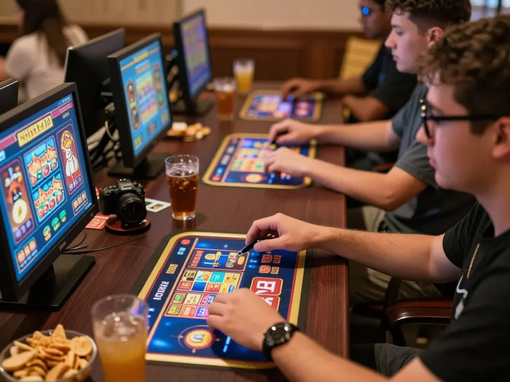 Engaged players enjoying slot games in a cozy online gaming environment