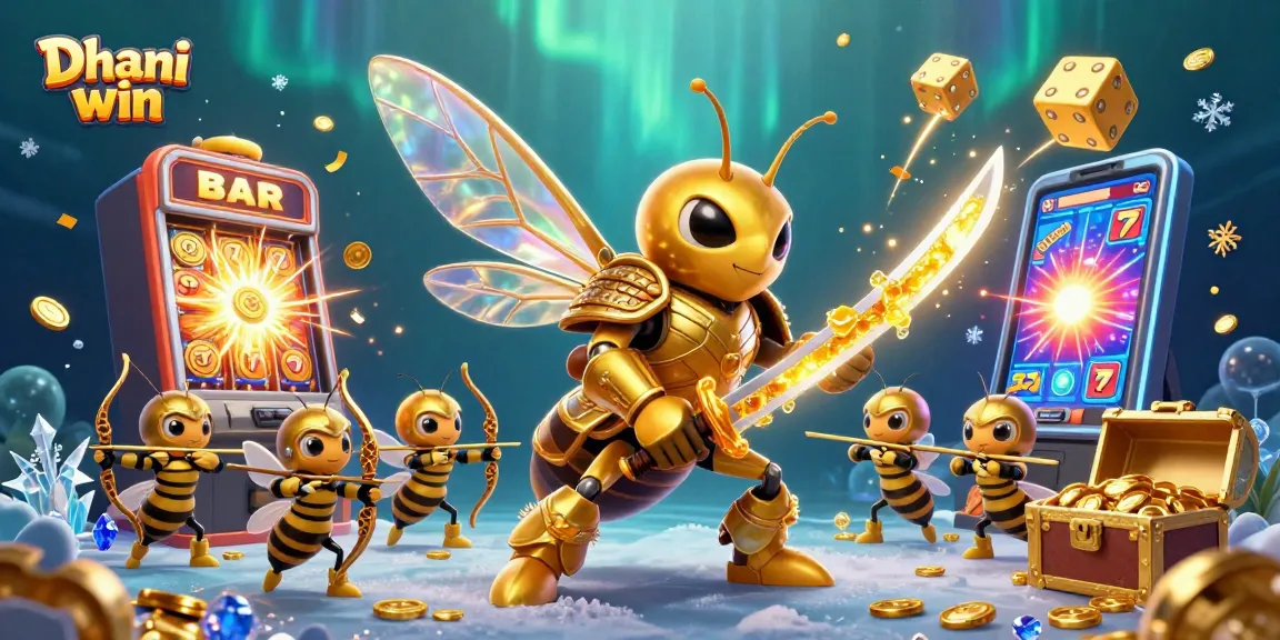 Dhani win features a captivating casino scene with a hornet samurai, slot machines, and golden rewards bursting with energy.