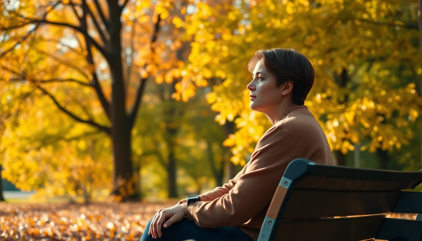 Person reflecting on depression symptoms in a tranquil autumn park setting.