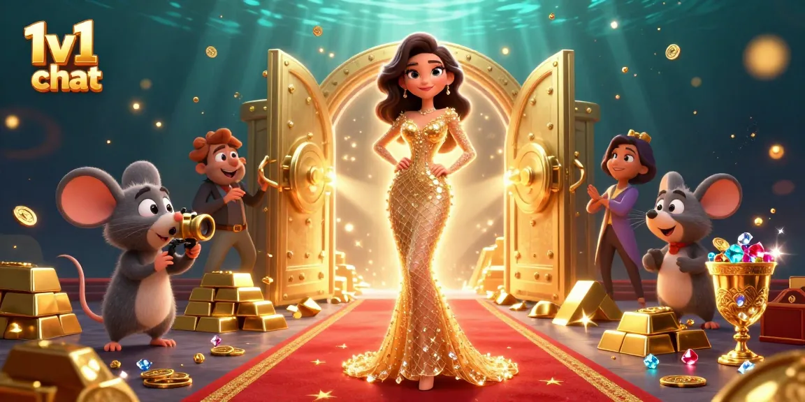 Engage in lively 1v1 chat with animated characters amidst glittering casino riches.
