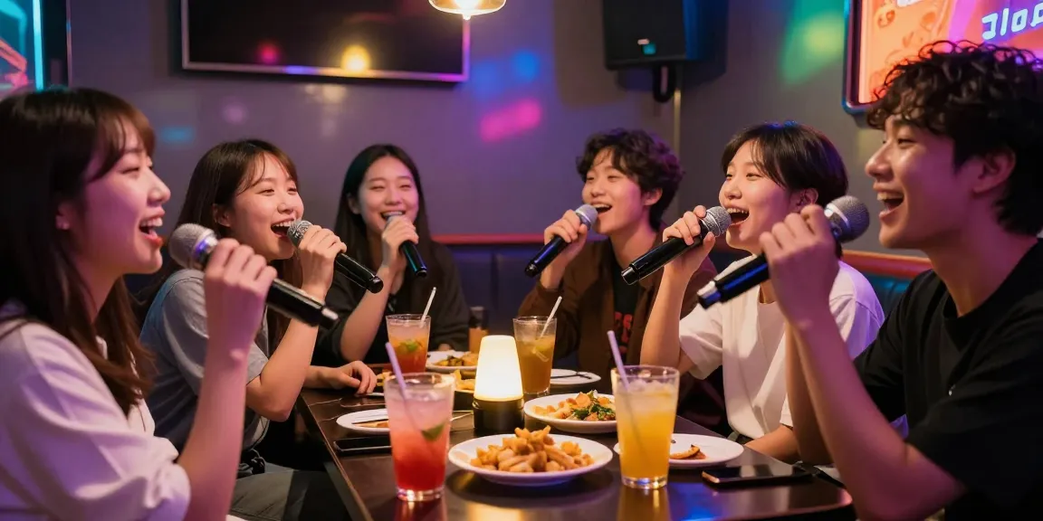 제주유흥 - 친구들과 함께 노래를 부르며 즐거운 시간을 보내는 모습과 화려한 조명이 있는 카라오케 룸