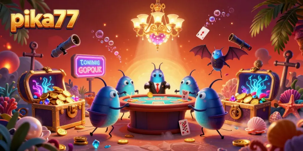 Engage in thrilling games at pika77's vibrant online casino featuring bioluminescent glowworms as dealers.
