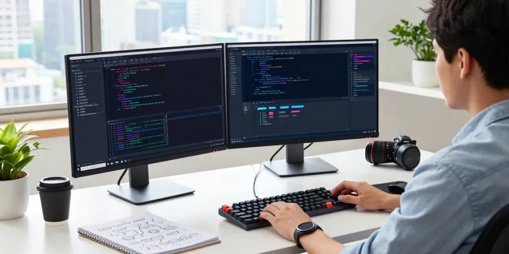 Developer using Notepad++ in a bright workspace with dual monitors displaying code at https://notepad-app.co/.