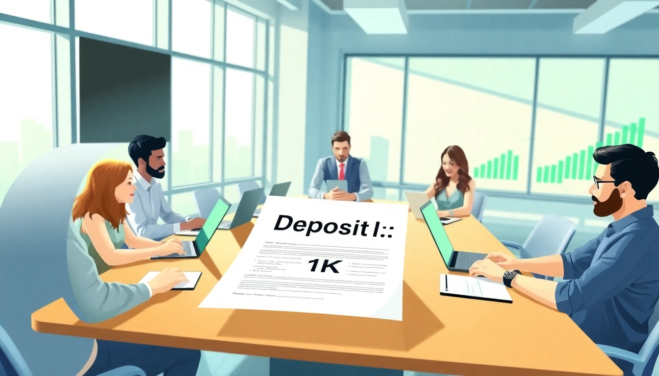 Menampilkan diskusi tentang deposit 1k di ruang rapat modern dengan presentasi yang menarik.