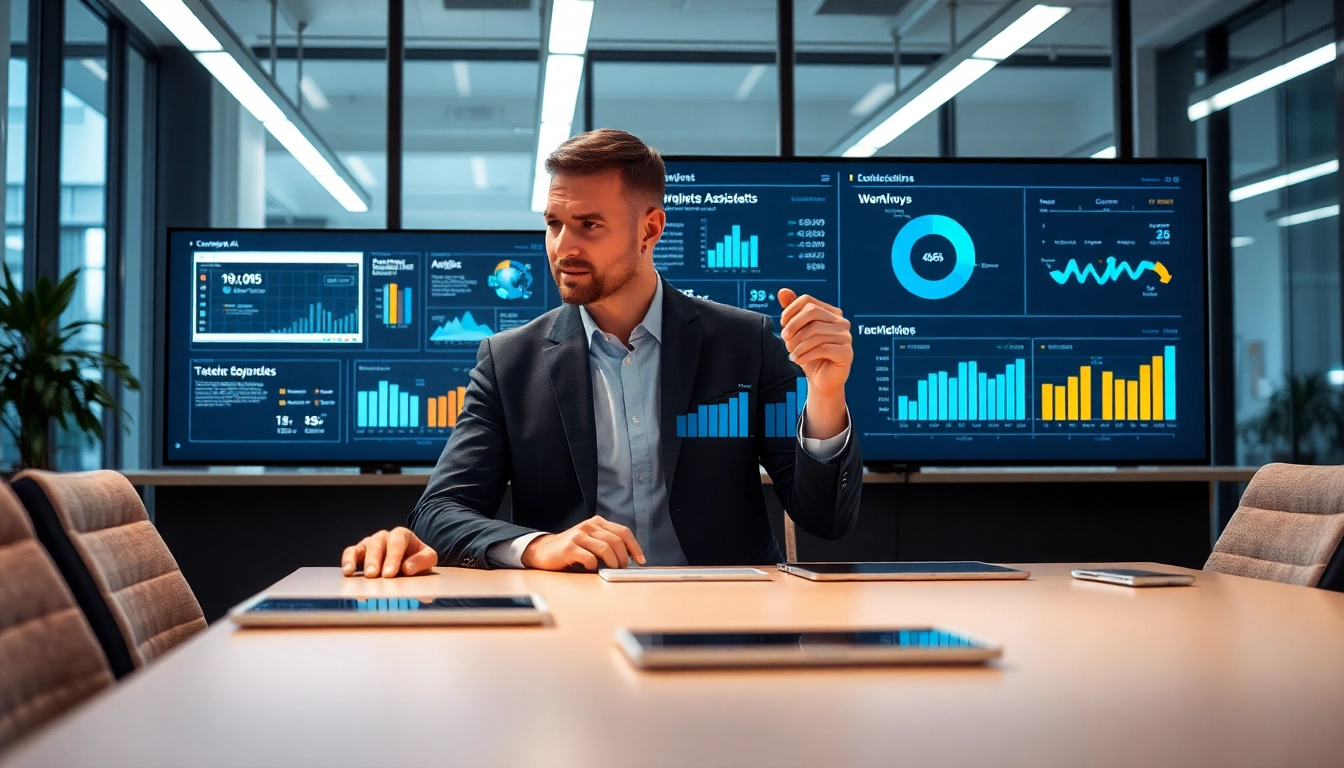Engaging enterprise ai assistant assisting in a corporate setting, displaying analytics, and enhancing productivity.