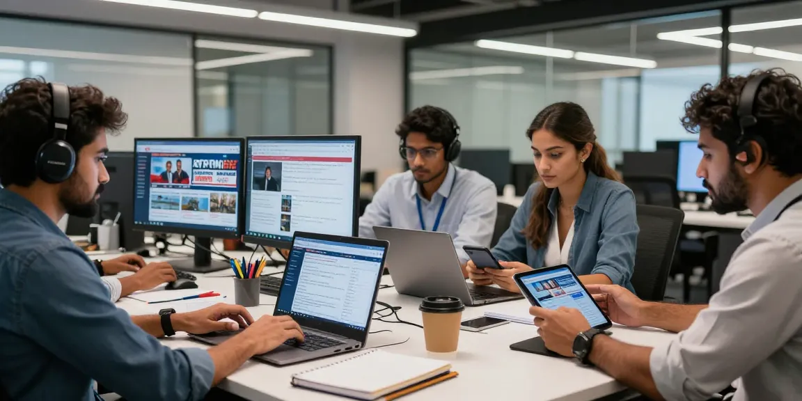 Newsroom scene representing The In Daily portal, showcasing journalists reporting real-time news in a modern digital setting.
