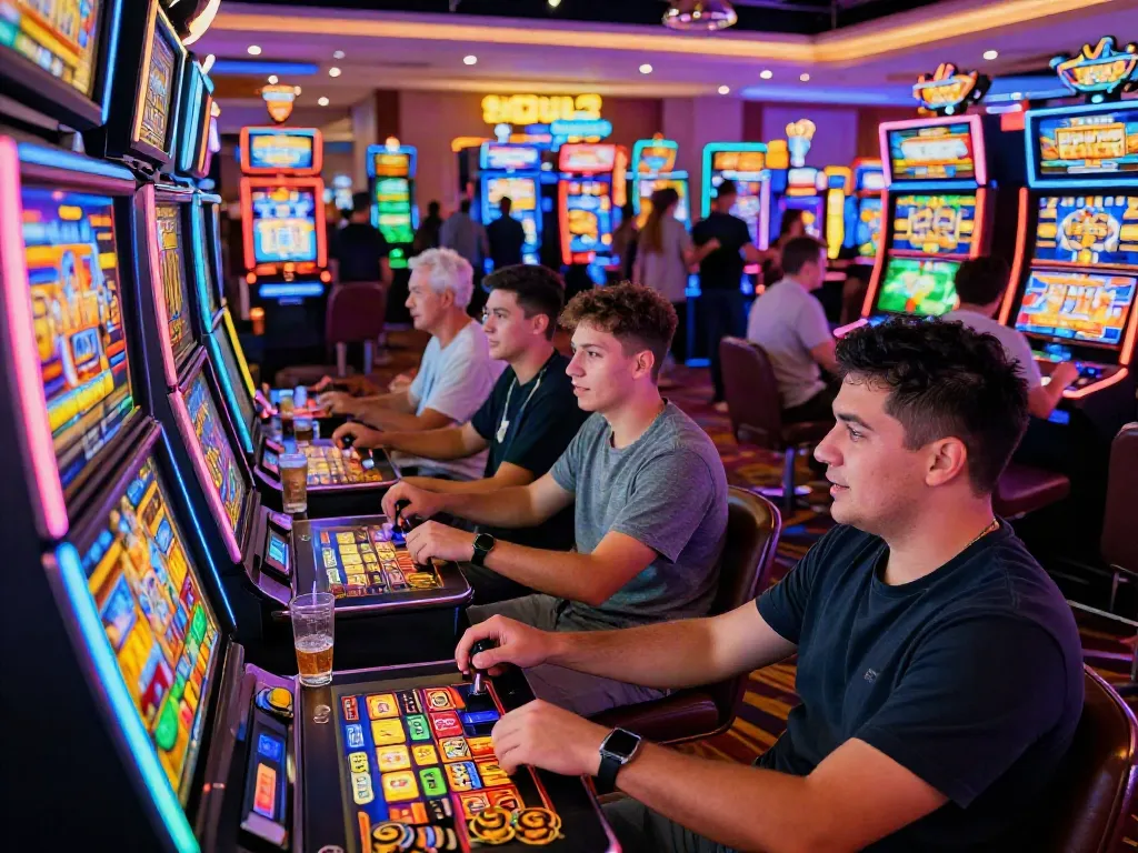 Exciting slot gacor maxwin gaming experience with players engaging on colorful machines in a lively casino atmosphere.