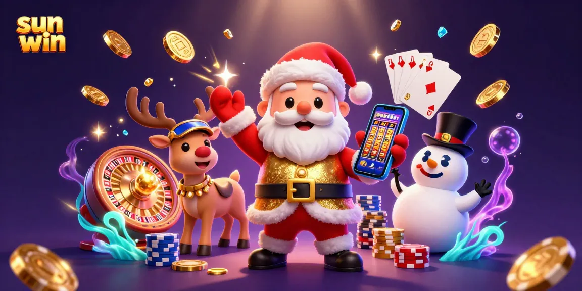 Play exciting slots at Sun Win with a festive casino scene featuring Santa and friends.