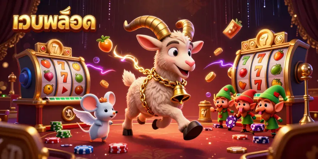 Play เว็บสล็อต with vibrant slot elements and a playful casino scene featuring Krampus and elves.