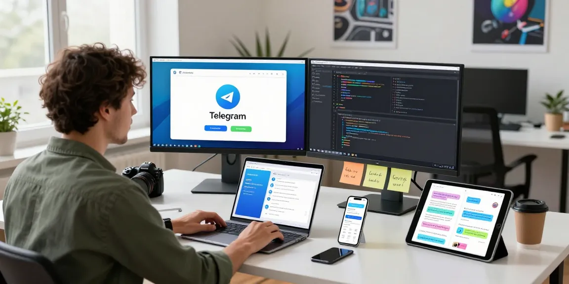 Engaging developer workspace showcasing telegram中文版下载 features with multiple monitors and collaboration tools