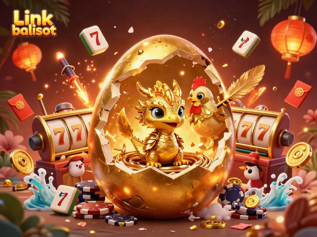 Engage with Link balislot as a golden dragon emerges from an egg in a vibrant casino scene.