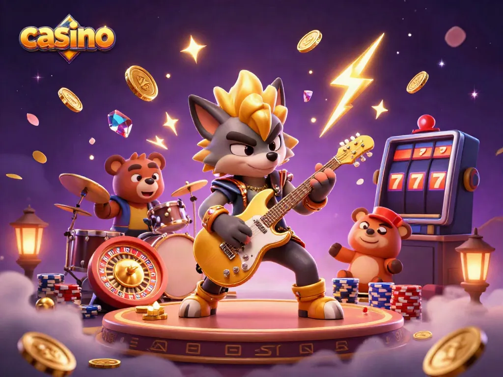 Watch an electrifying casino performance featuring a cartoon rock star wolf and a drummer bear in a vibrant scene.