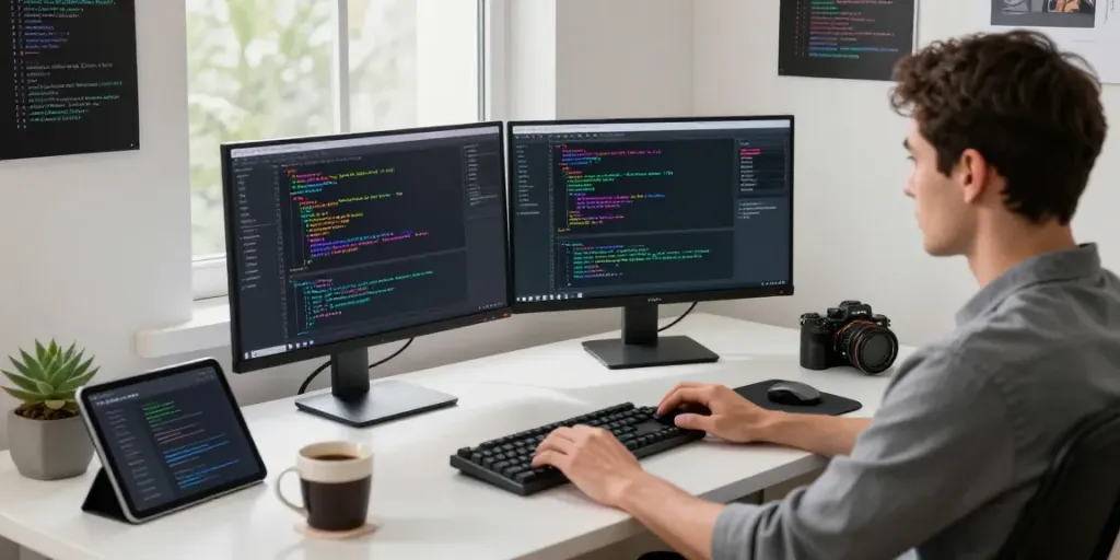 Developer coding with Notepad++ on dual monitors in a modern workspace.