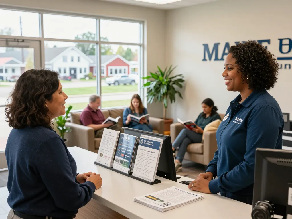 Welcoming scene at a Maine credit union with friendly staff and clients