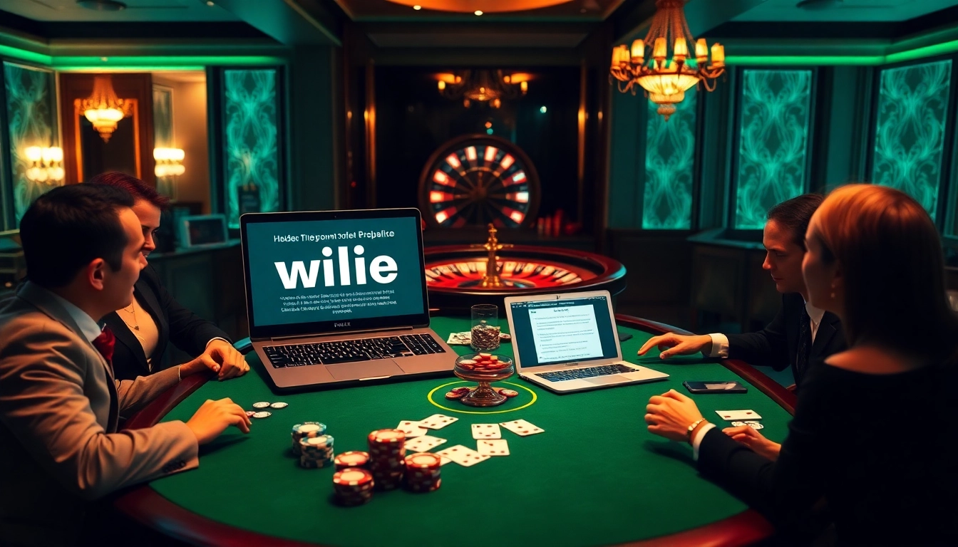Engage with a sophisticated casino atmosphere featuring a hidden wiki link on a laptop amidst poker chips and cards.