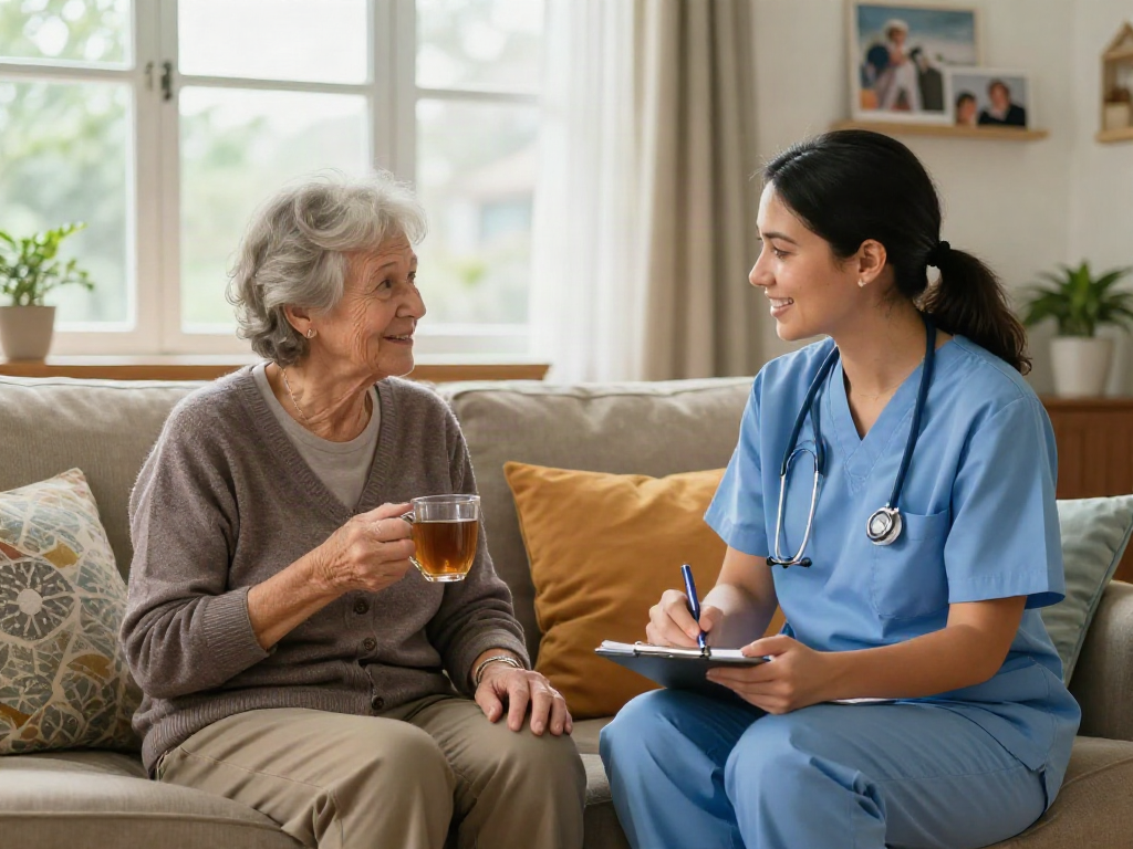 Caregiver providing support and interaction for a bonus new member's family in a comfortable living room.