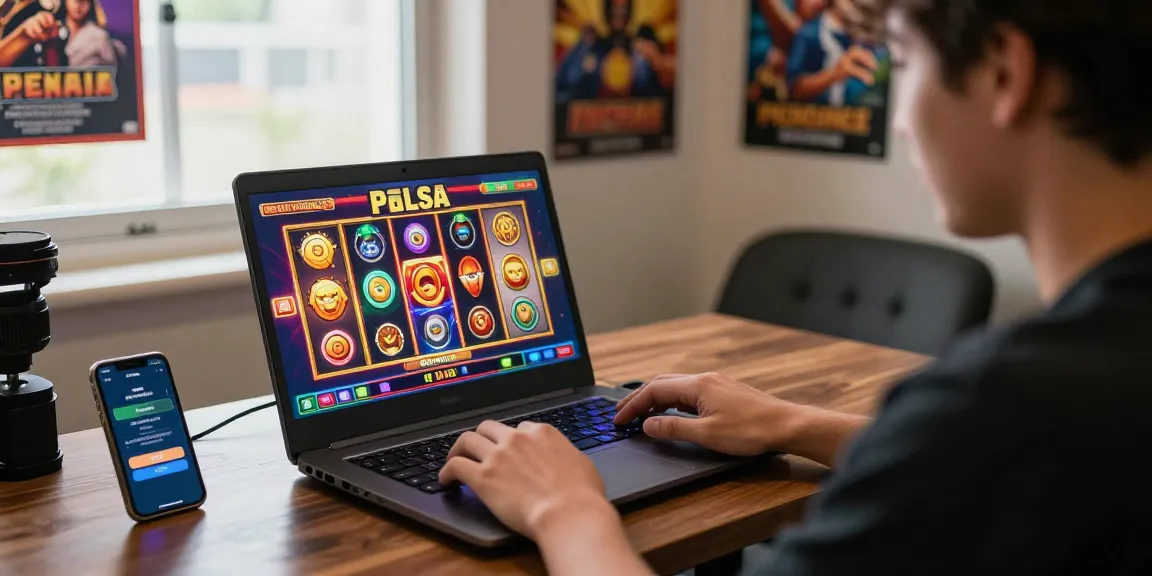 Player enjoying slot pulsa games on a laptop, vibrant graphics and cozy atmosphere in a modern gaming setup.