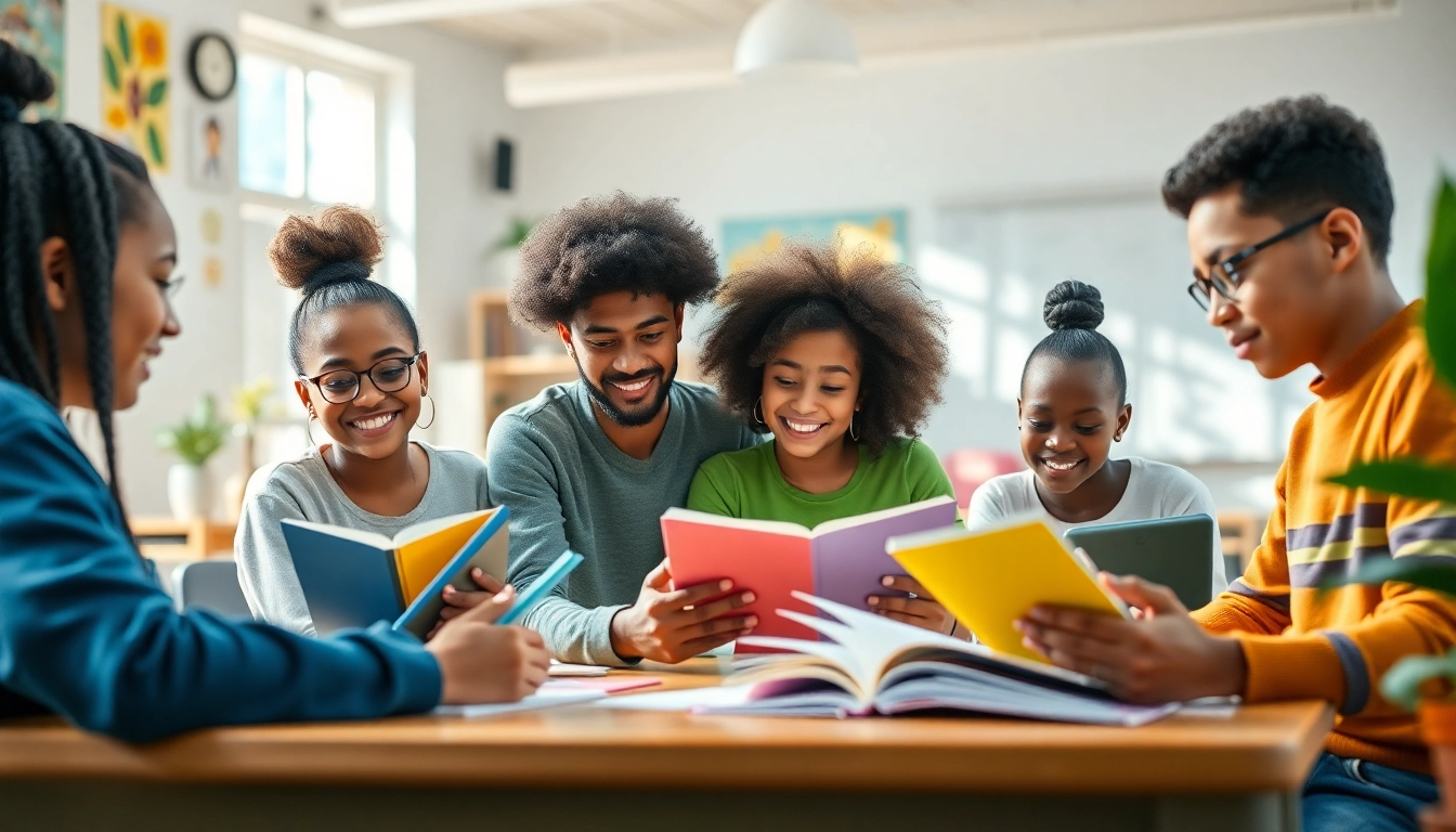 Dynamic education scene showing diverse learners collaborating in a modern classroom.