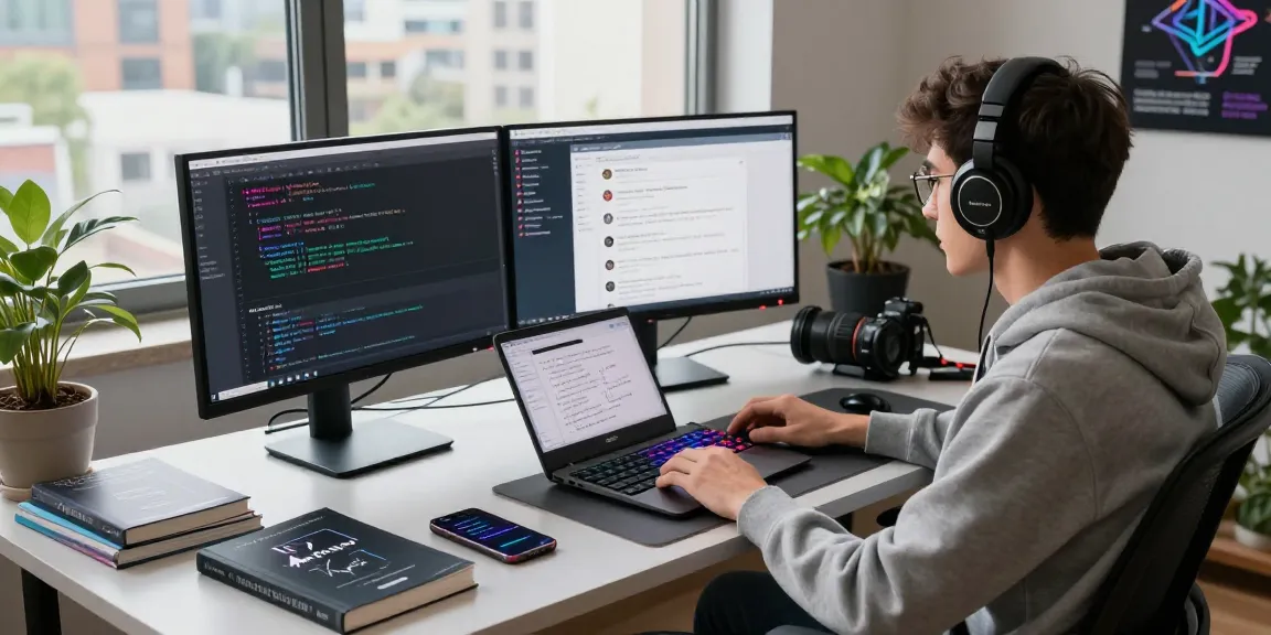 KoboldAI development workspace with dual monitors showing code, programmer engaged in intelligent conversation design.