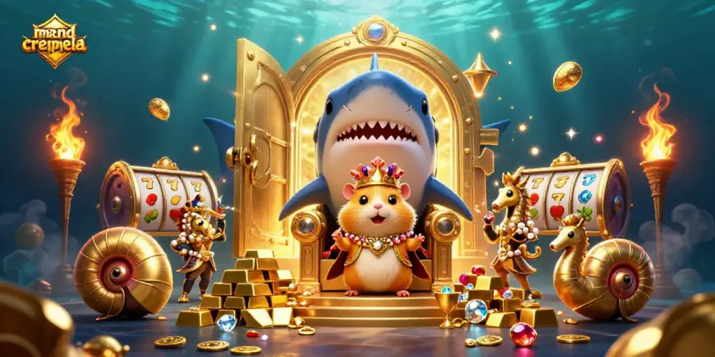 Jelajahi meandcrepela, raja hamsters emas di tahta gigi megalodon bersama unsur kasino.