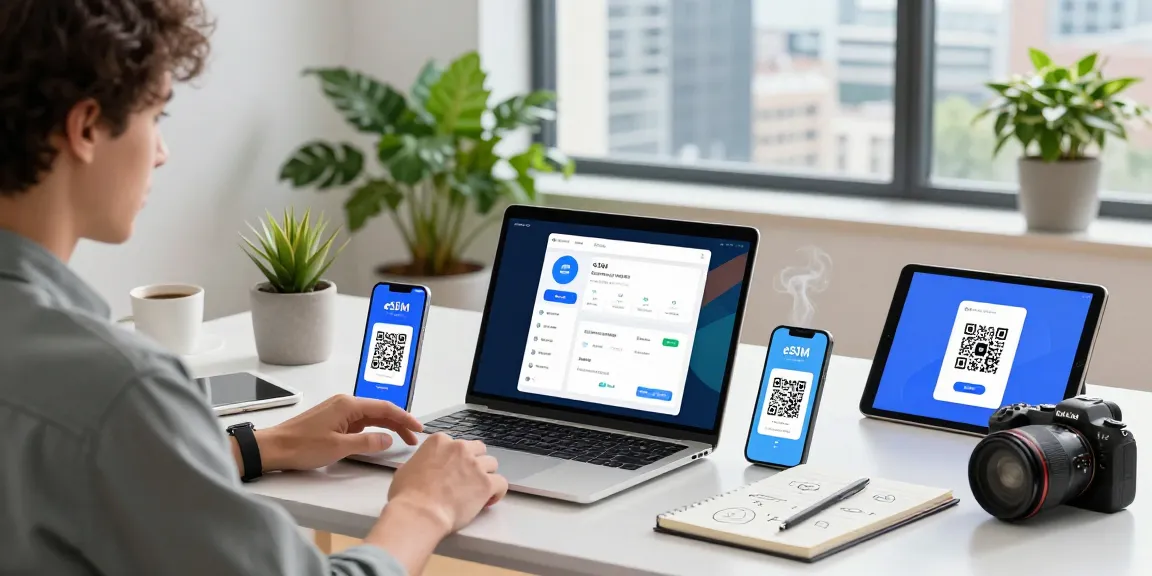 Profissional usando tecnologia para Pedir eSIM em ambiente moderno e luminoso.