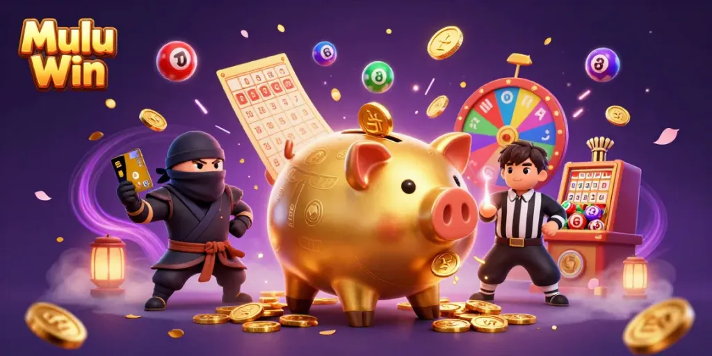 Mulu Win's vibrant 3D scene showcases a golden piggy bank sumo wrestler celebrating winnings among colorful lottery elements.