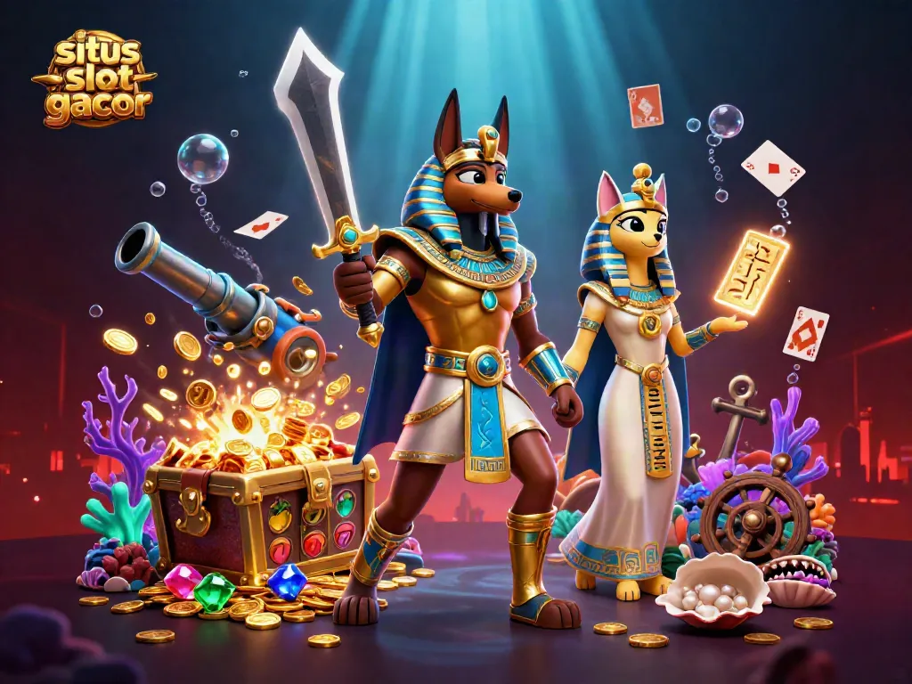 Gambarlah situs slot gacor dengan Anubis dan Bastet dalam suasana kasino yang menakjubkan