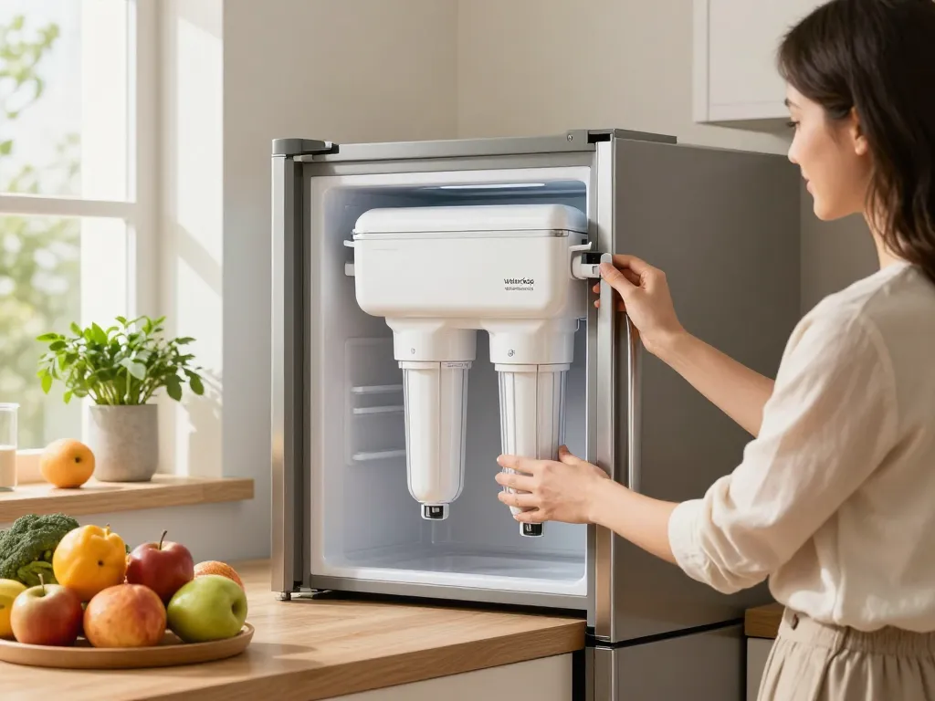 Installing Waterdrop WD-F13 Replacement for GE® MWF® Water Filter in a bright kitchen, promoting clean drinking water.
