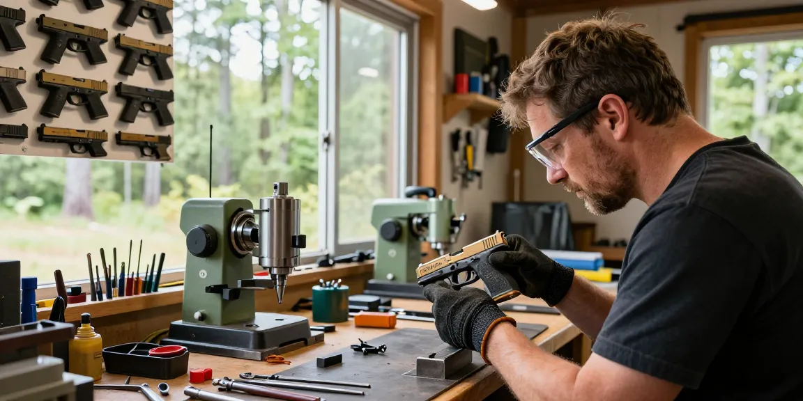 Custom Glock slides and skilled gunsmith workshop at https://precisionglockslides.com, showcasing craftsmanship and precision tools.
