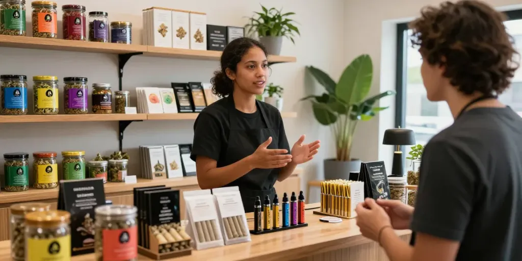 Alien labs dispensary with premium product display and friendly staff interaction.