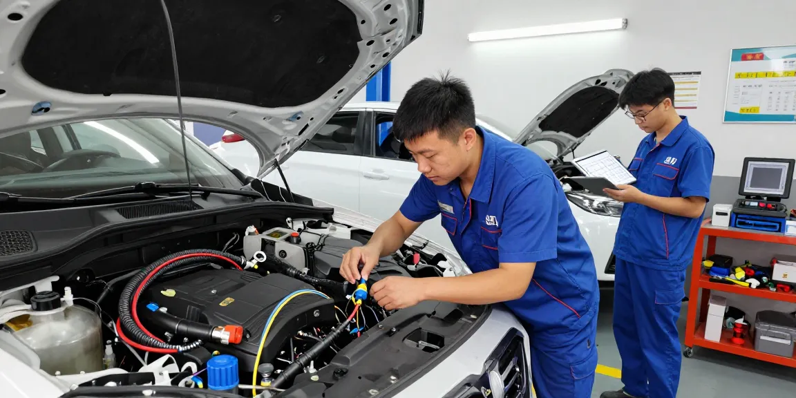 Technician installing heavy duty waterproof electrical connectors in an automotive workshop, surrounded by tools and wiring components.