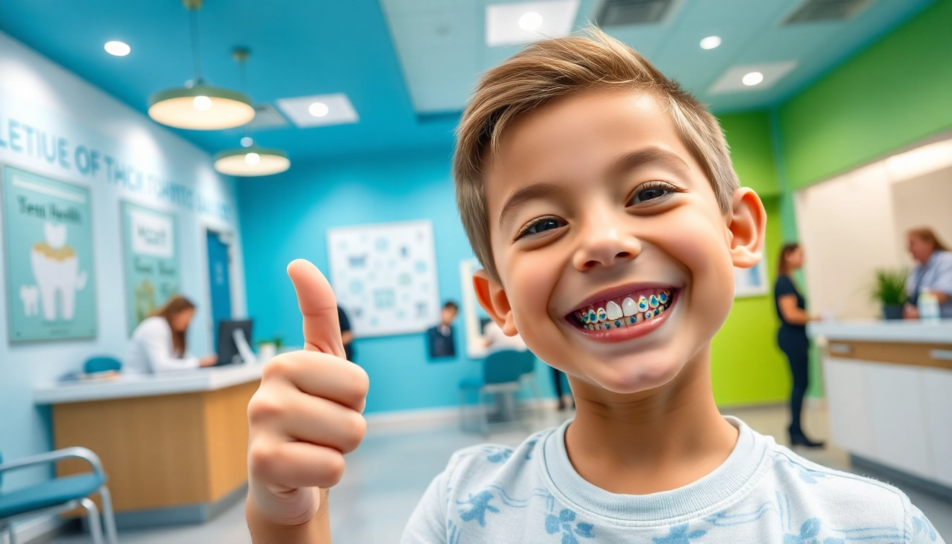Visit an orthodontist near me with bright reception and happy patients showcasing braces.
