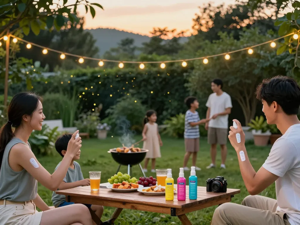 Family applying mosquito repellent outdoors during a barbeque in a lush backyard.