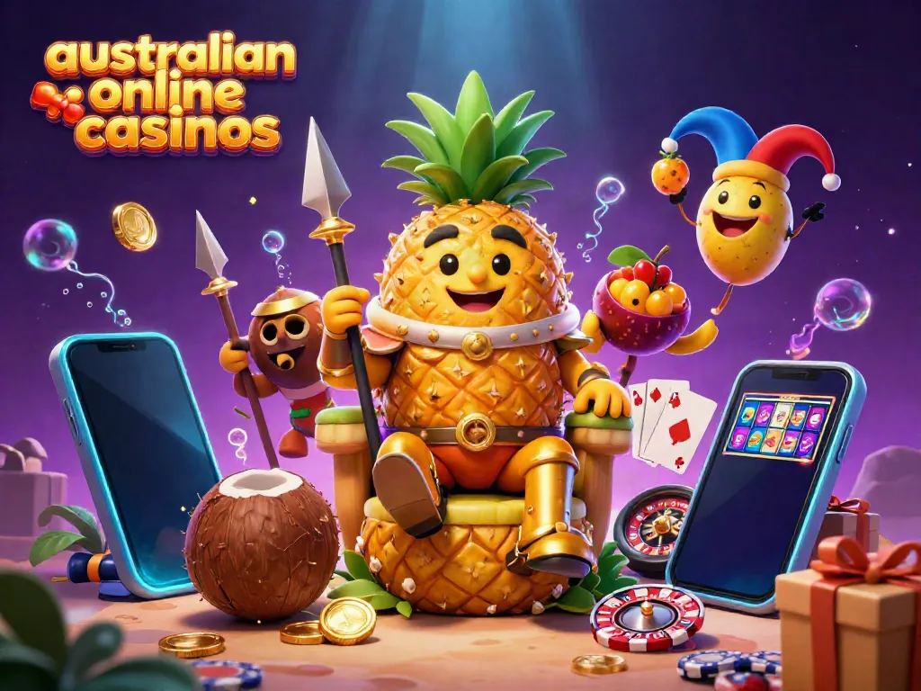 Engage with australian online casinos featuring a golden pineapple king and casino elements.