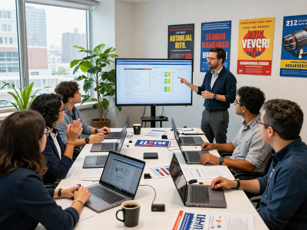 Political PPC agency team strategizing with voter data in a vibrant campaign office.