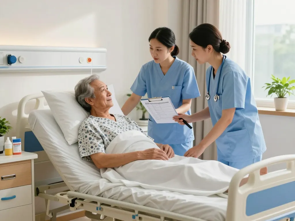 Innovative giường bệnh nhân setup in a cozy health and wellness space, caregiver assisting elderly patient.