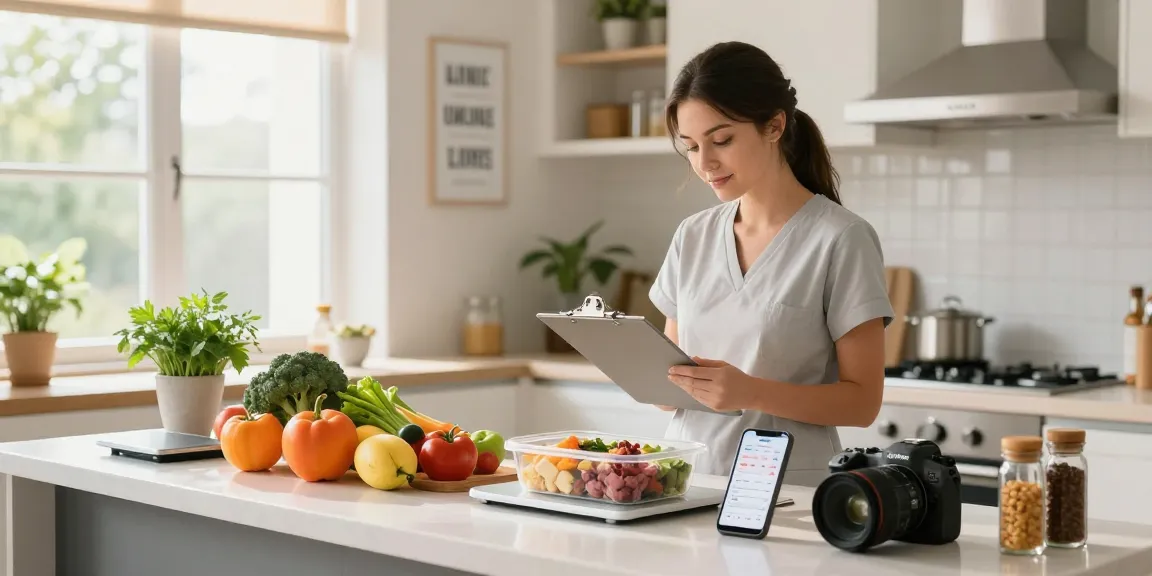 Nutritionist reviewing the best macro tracker app in a bright kitchen with fresh ingredients.