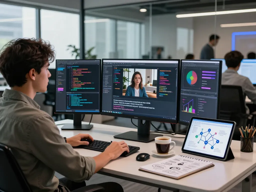 AI specialist using image to prompt ai tool in a modern tech office, showcasing creativity and innovation.