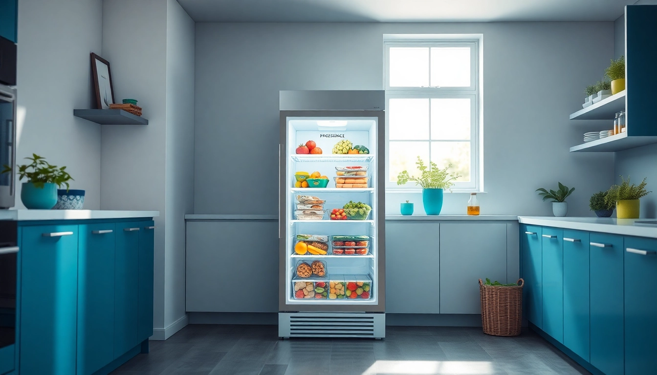 Organized freezer filled with fresh produce and meals in a stylish kitchen.