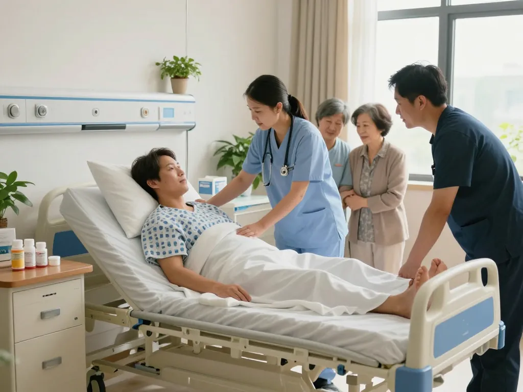 Patient in giường bệnh nhân receiving care from healthcare professionals in a soothing hospital room.