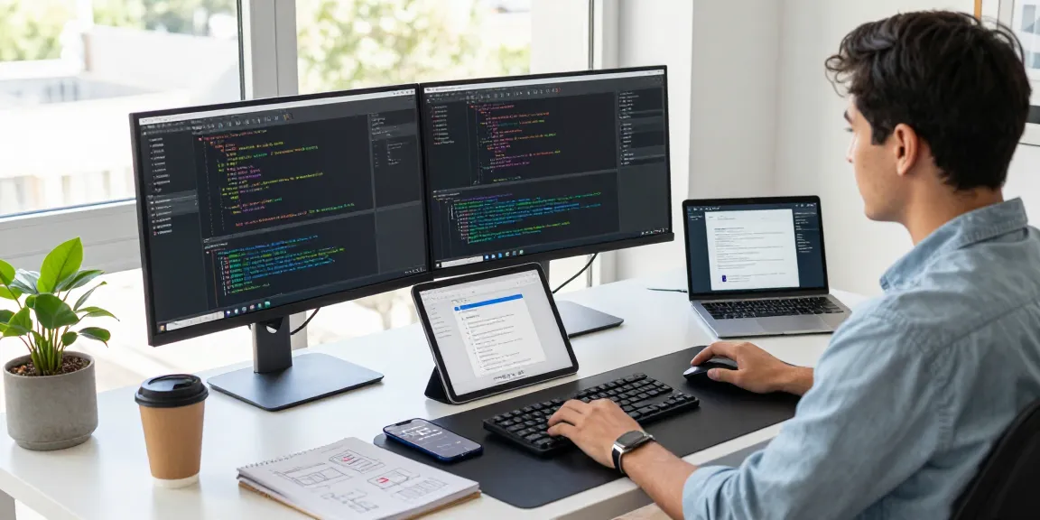 Developer using 纸飞机中文版 coding on dual monitors in a modern office workspace.