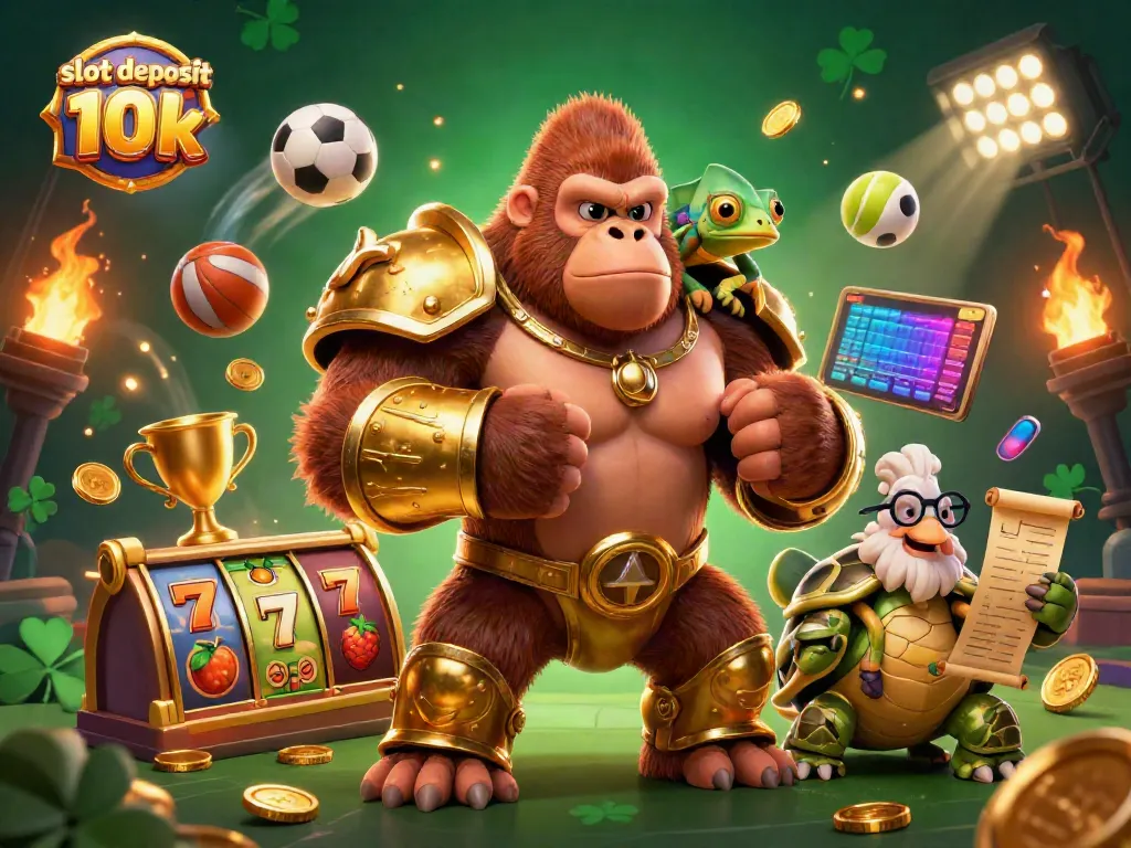 Permainan slot deposit 10k yang eksotis dengan karakter menarik dan simbol keberuntungan bersinar dalam ilustrasi 3D.
