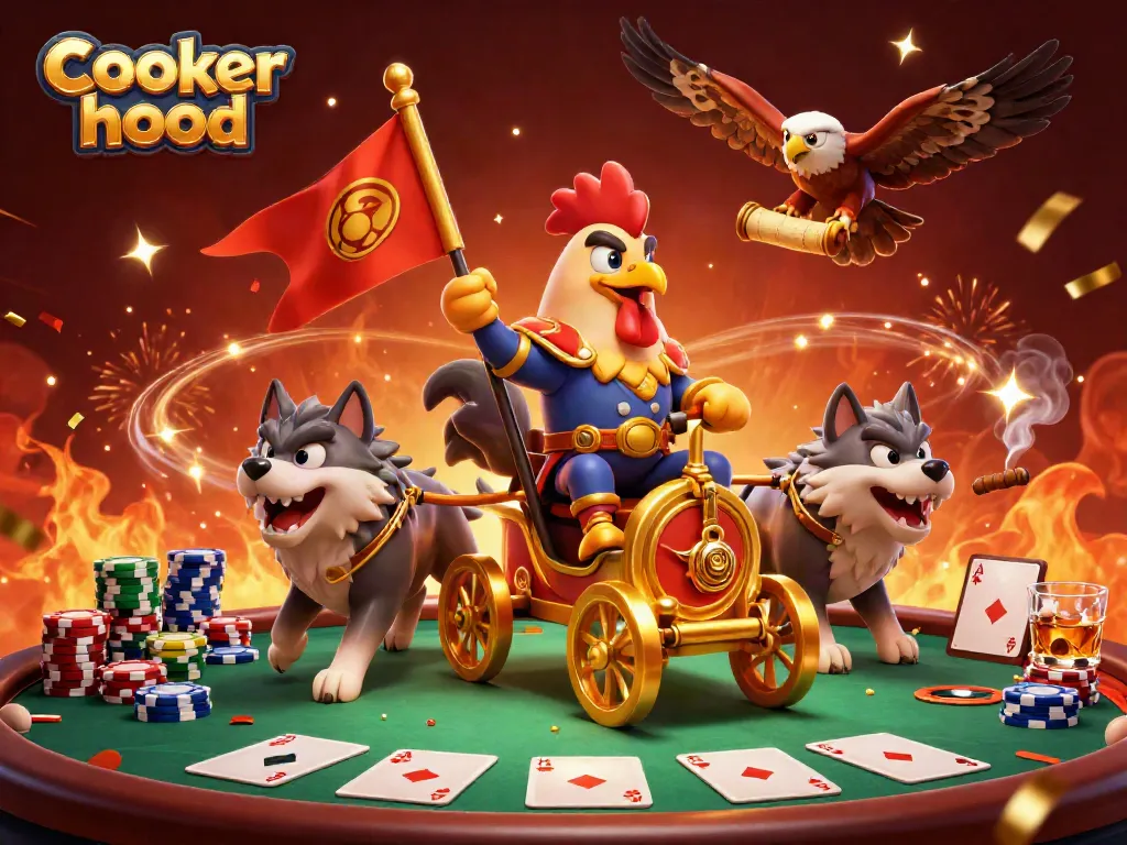 Experience the thrill of the cooker hood scene with a rooster warlord and vibrant casino elements.