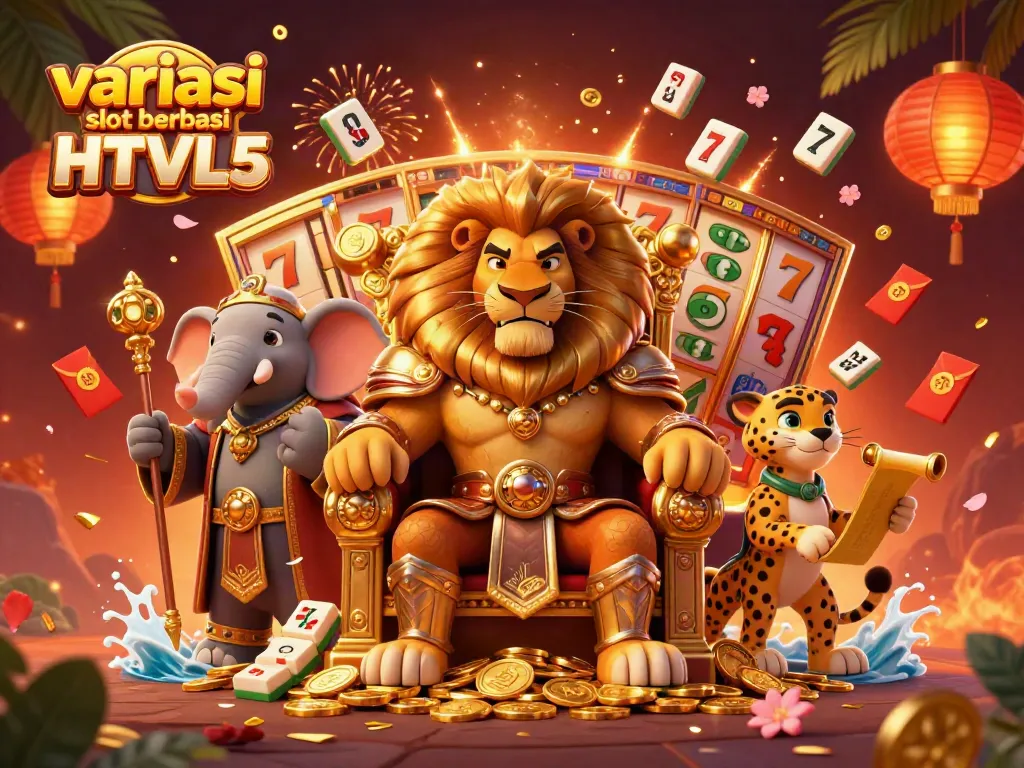 Permainan variasi slot berbasis HTML5 menampilkan karakter kasino dengan gulungan mesin slot dan elemen uang emas.