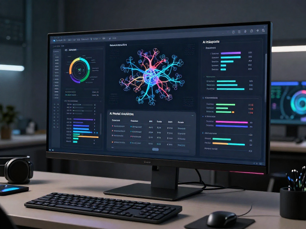 tubeorigin AI tool displaying machine learning performance metrics on a futuristic SaaS dashboard.